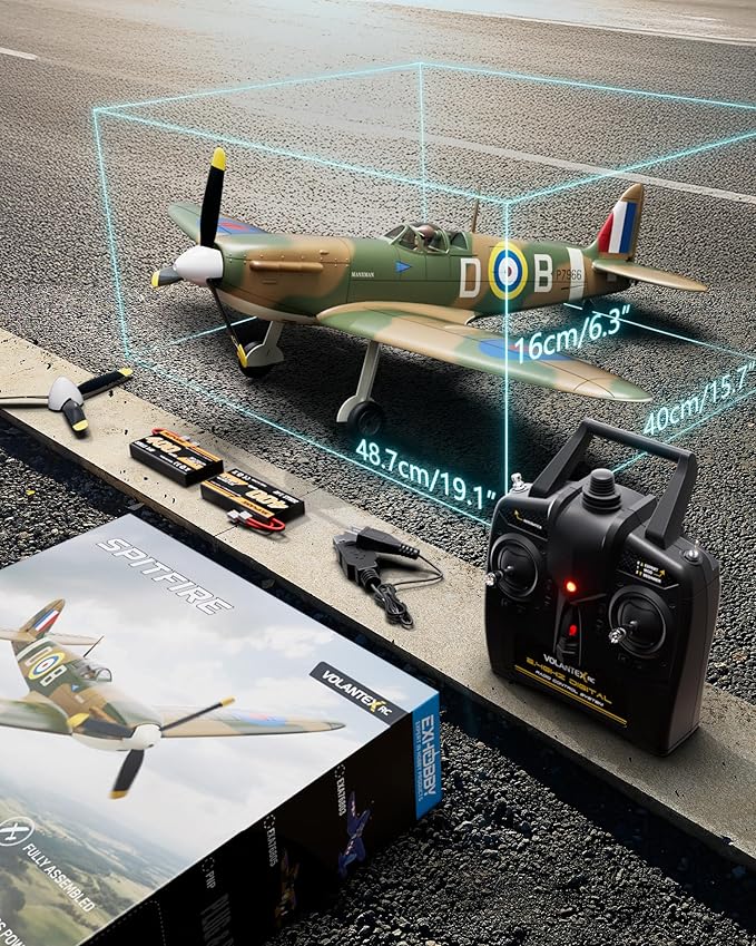 volantexrc Brushless RC Plane, 4 Channel Remote Control Airplane Fighter Spitfire RTF with Aileron, Gyro, Aerobatics & 3 Modes Easy to Fly, Hobby Radio Controlled Aircraft for Beginners
