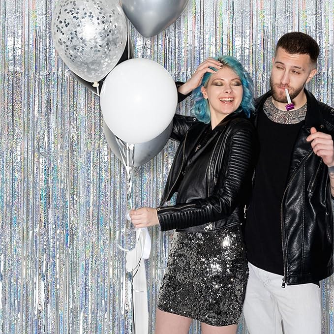 2 Pack Silver Backdrop Curtain Party Decorations Foil Fringe Backdrop Silver Tinsel Streamers Birthday Bachelorette New Year Christmas Wedding Baby Shower Disco Party Decorations