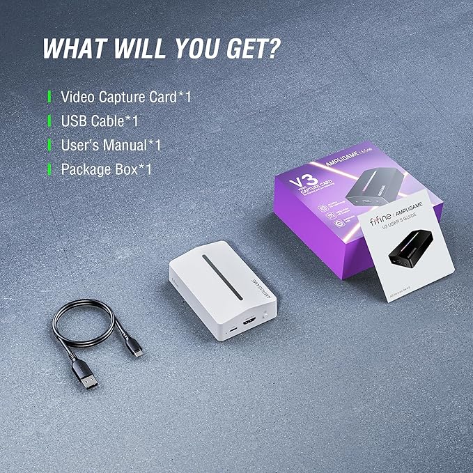Fifine AmpliGame Gaming Capture Card USB 4K HDMI, 1080P Audio Video Capture Card for OBS Streaming with RGB, HDMI in/Out Compatible for Switch/XBOX/PS5/Computer-V3 White