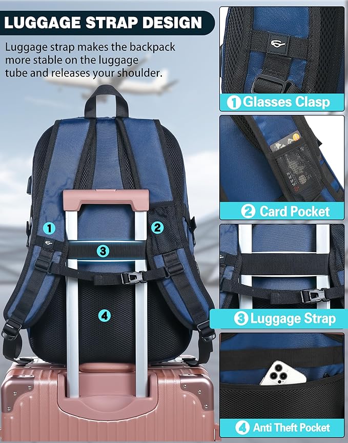 ProEtrade Travel Backpack, Extra Large Laptop Backpack School Business Anti Theft TSA Approved College Work Computer Bag Fits 17 Inch Laptop with USB Charging Port Bookbag for Women Men(Blue)