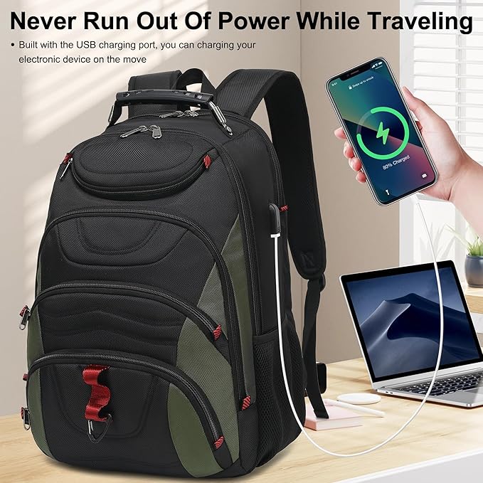 Boavan Laptop Backpack for men, 17.3 inch Laptop Bag with USB Port, Waterproof Travel Work Backpack Purse, Anti-Theft Teacher Nurse Doctor Casual Bookbags Office Business backpack,Black&Army Green