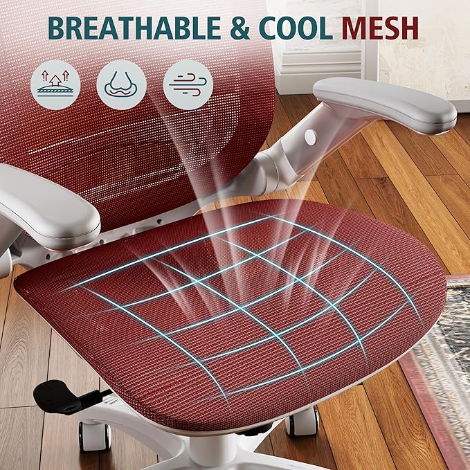 GABRYLLY Ergonomic Office Chair, High Back Home Desk Chair with Headrest, Flip-Up Arms, 90-120° Tilt Lock and Wide Cushion, 400LBS Mesh Chairs for Man Woman, White Task Chair(Red,GY01WR)