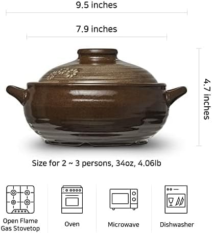 DDasiBowl - Korean Stone Bowl (34oz) Clay Pot for Cooking Korean Dishes - Brown, Large, Rustic Style - Dolsot, Ttukbaegi, Onggi, Kimchi Stone Donabe - With Lid