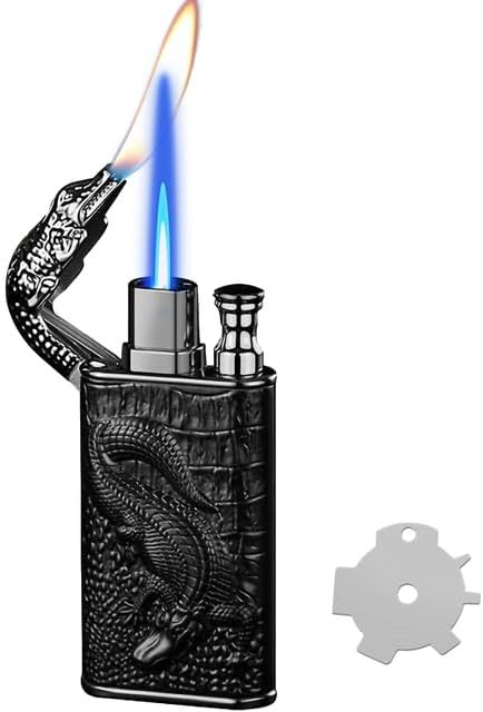 Torch Lighter, Relief Dragon Magic Dual Flame Lighter with Adjusting Flame Tool, Cool Windproof Jet Flame Lighter, Refillable Butane Lighter for Outdoor Indoor(Without Butane)-Black Nickel Dragon