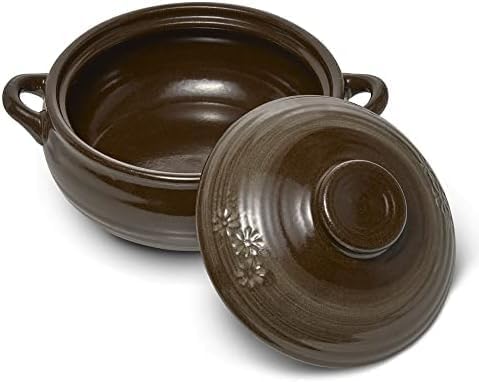 DDasiBowl - Korean Stone Bowl (34oz) Clay Pot for Cooking Korean Dishes - Brown, Large, Rustic Style - Dolsot, Ttukbaegi, Onggi, Kimchi Stone Donabe - With Lid