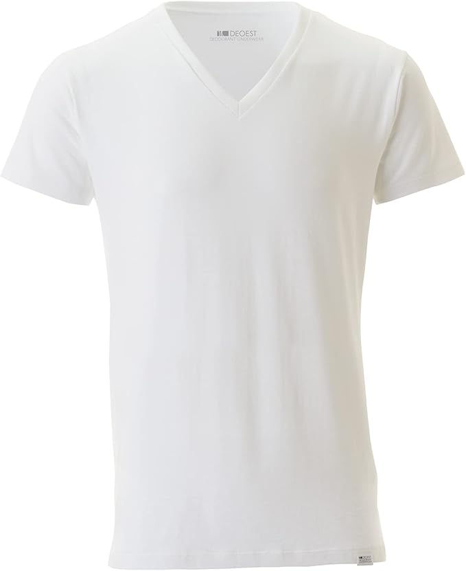 Men’s Anti-Odor Undershirt, Japanese Ceramic-Ion Tech, Source-Targeting Deodorizing, V-Neck Cotton, White, DEOEST