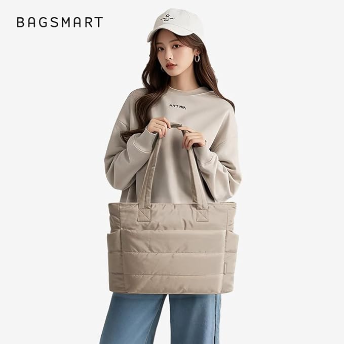 BAGSMART Tote Bag for Women, Lightweight Puffy Tote Bag with Compartments Shoulder Bag Handbag for Travel, Work, Gym | Puffy, Lightweight, for Travel, Quilted, Tote Bag with Compartments, Work
