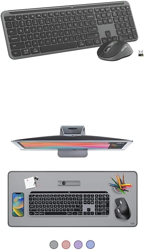 Logitech MK955 Signature Slim Wireless Keyboard and Mouse Combo, Quiet Typing, Switch Across Three Devices, Bluetooth, Multi-OS, Windows and Mac - Graphite + Desk Mat - Studio Series, Mid-Grey