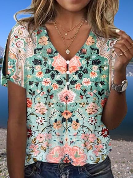 Women's Boho Butterfly Floral Print Cold Shoulder Flowy Tops Summer Dressy Casual V Neck Ladies Blouses Tunic Tops