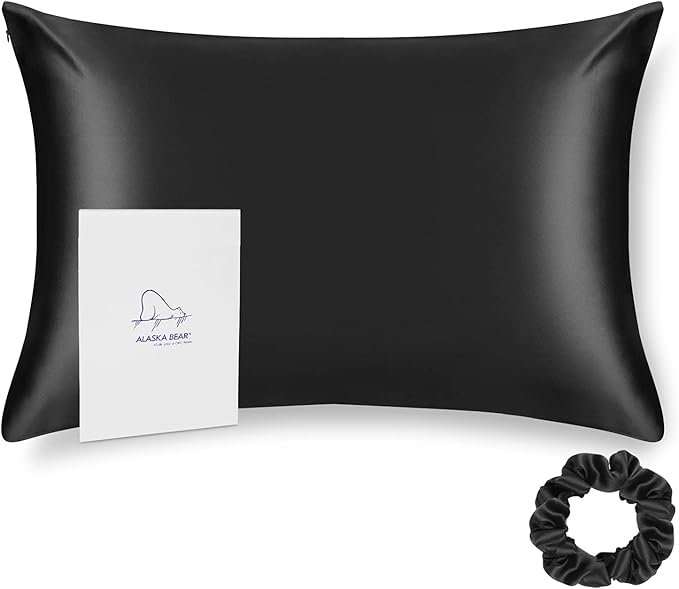 ALASKA BEAR Silk Pillowcase for Hair and Skin Beauty Sleep 100 Real Mulberry Silk Anti-Aging Pillow Slip Case Cover Standard Size with Zipper (1pc, Black)