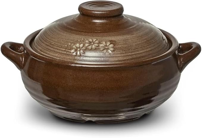 DDasiBowl - Korean Stone Bowl (34oz) Clay Pot for Cooking Korean Dishes - Brown, Large, Rustic Style - Dolsot, Ttukbaegi, Onggi, Kimchi Stone Donabe - With Lid