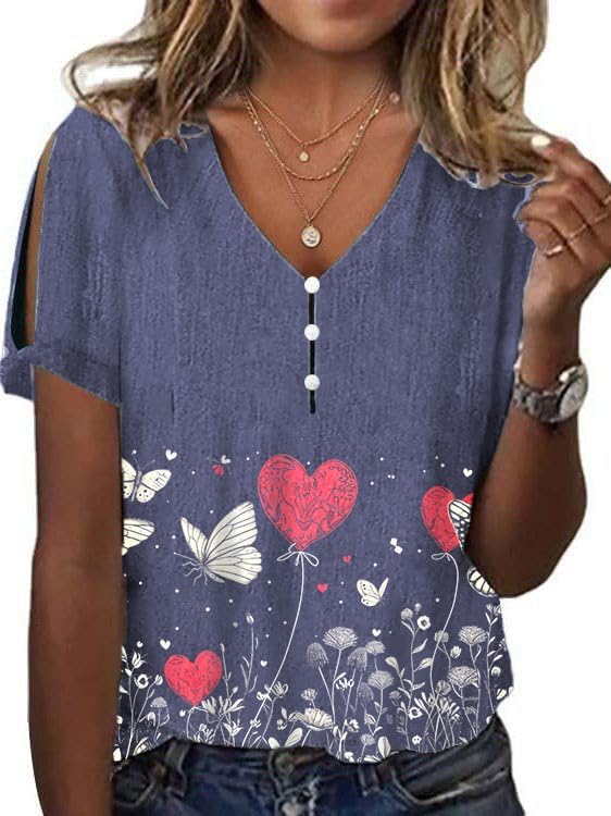 Women's Boho Butterfly Floral Print Cold Shoulder Flowy Tops Summer Dressy Casual V Neck Ladies Blouses Tunic Tops