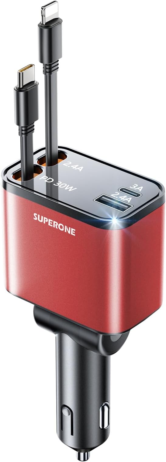 [2024 Upgraded] 4 in 1 Retractable Car Charger, SUPERONE Smaller Fast Car Phone Charger 69W with Cord, USB C and iPhone Car Charger Adapter, Compatible iPhone 17/17 Pro Max/16/15/14/13/12/11, Sumsung