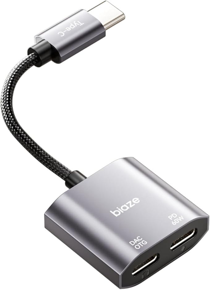 USB C to Dual USBC Headphone and Charger Adapter, USB C Splitter 1 in 2 Out Male to Female Audio Dongle Cable with 60W Fast Charging for iPhone 16/15, Samsung Galaxy S25/S24/S23