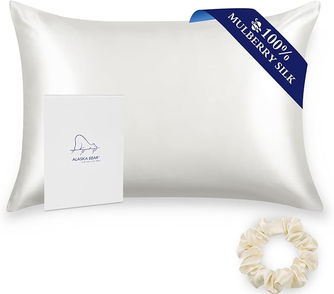 ALASKA BEAR Silk Pillowcase for Hair and Skin, 100% Mulberry Silk Pillow Cases Queen Size for Beauty and Cool Sleep, Scrunchy Gift Set, Natural White(1pc, Ivory)