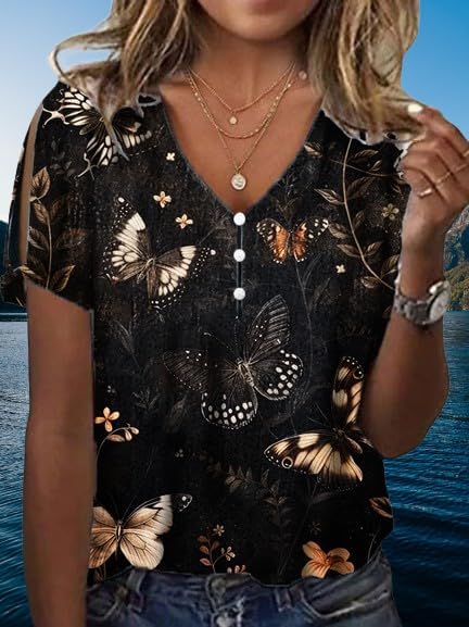 Women's Boho Butterfly Floral Print Cold Shoulder Flowy Tops Summer Dressy Casual V Neck Ladies Blouses Tunic Tops