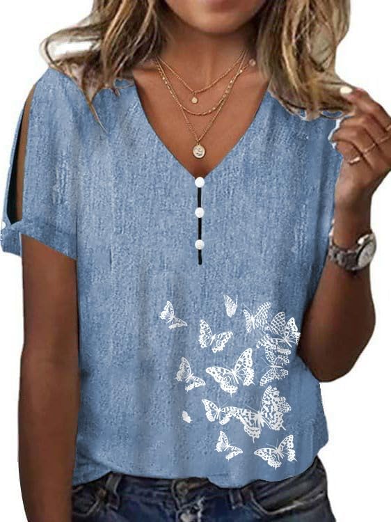 Women's Boho Butterfly Floral Print Cold Shoulder Flowy Tops Summer Dressy Casual V Neck Ladies Blouses Tunic Tops