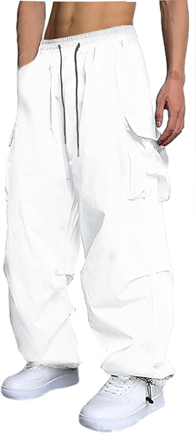 Men's Casual Cargo Pants Elastic Waist Drawstring Street Hip Hop Trousers with Pockets