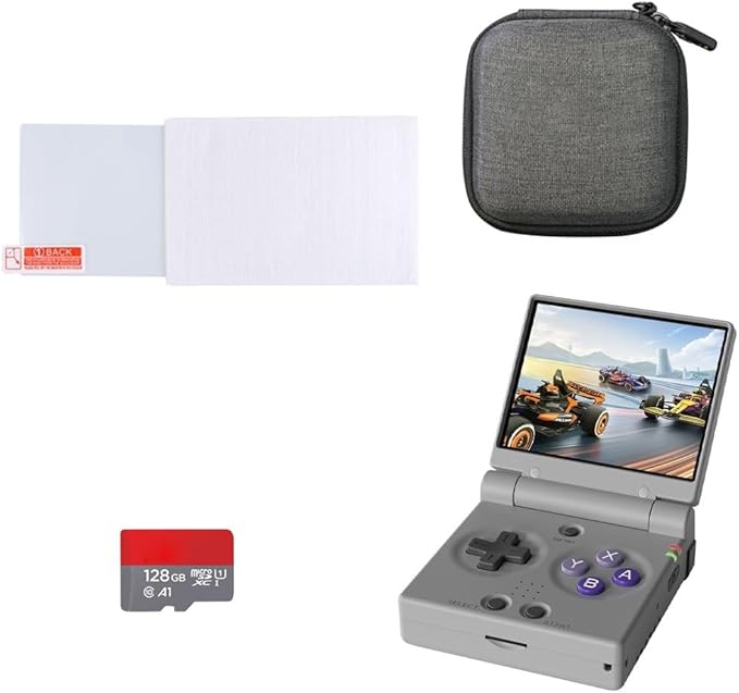 Miy Mini Flip 2.8-Inch IPS Screen Retro Handheld Game Console + Flip Onion SD Card 128G + Tempered Glass Screen Protector + Storage Bag