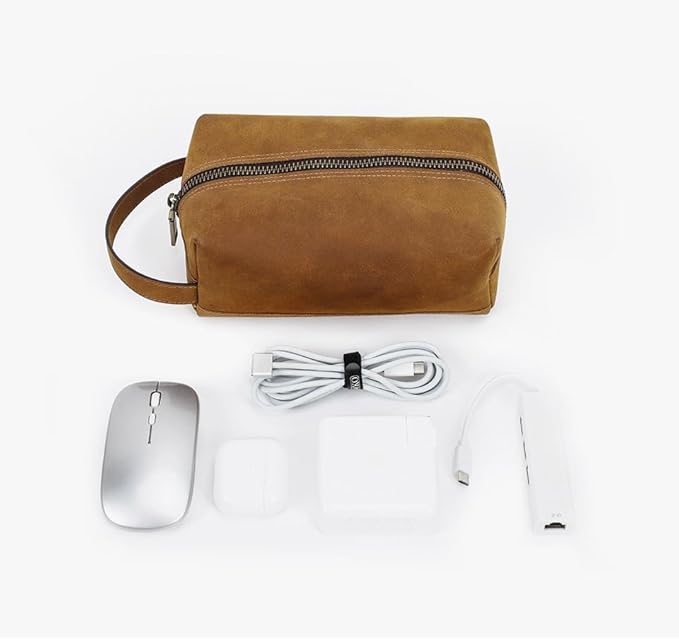 Genuine Leather Electronic Organizer Vintage Zipper Bag Travel Storage Case for Phone USB Cables (Camel)