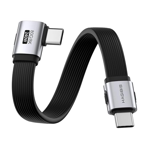 Hagibis USB4 Cable, 80Gbps Data Transfer, 240W Fast Charging USB-C Cable, 8K@60Hz USB 4 V2.0 Short Cable for iPhone 17 16 15 Pro Max, iPad Pro, Thunderbolt 5/4 (Side 90 Degree, 0.8FT)