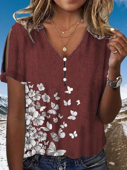 Women's Boho Butterfly Floral Print Cold Shoulder Flowy Tops Summer Dressy Casual V Neck Ladies Blouses Tunic Tops