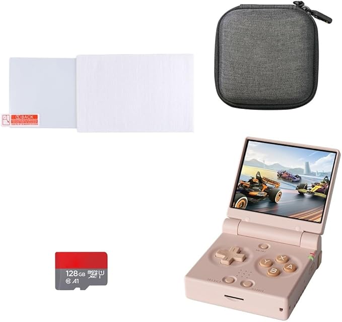 Miy Mini Flip 2.8-Inch IPS Screen Retro Handheld Game Console + Flip Onion SD Card 128G + Tempered Glass Screen Protector + Storage Bag