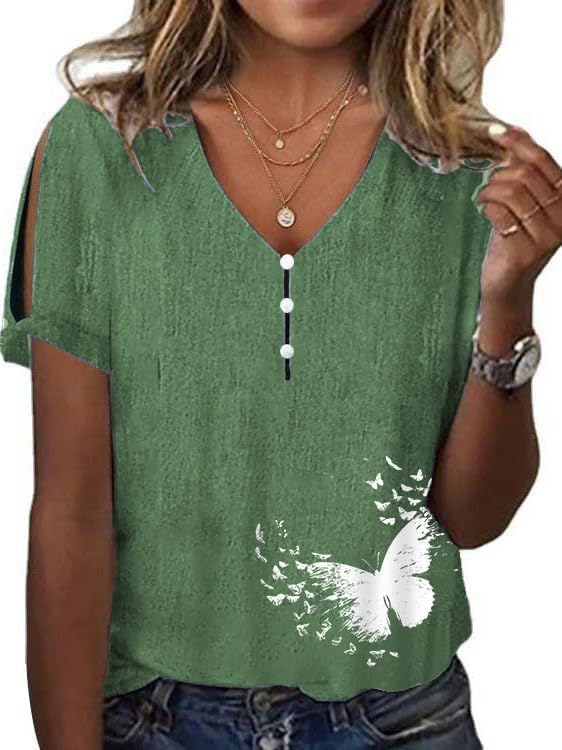 Women's Boho Butterfly Floral Print Cold Shoulder Flowy Tops Summer Dressy Casual V Neck Ladies Blouses Tunic Tops