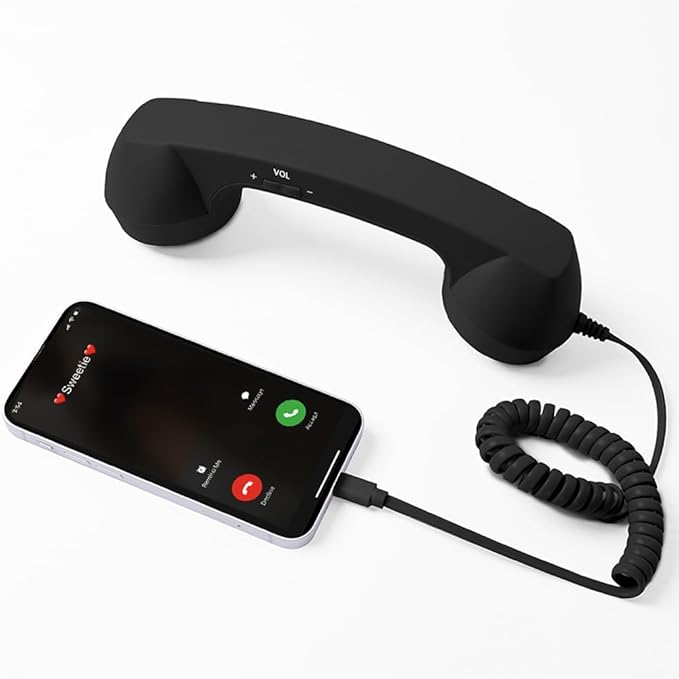 Retro Phone Handset, Hd Noise-Filtering Audio, Plug-and-Play Wired Calling, Ergonomic Nostalgic Grip, Clear Speaker & Mic, Compatible with Type-C Smartphones (Black)