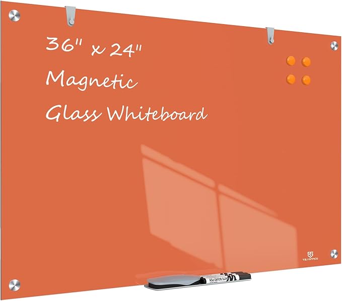 TSJ OFFICE Glass Dry-Erase Board - 36 x 24 Inches Wall Mounted Magnetic Whiteboard, Large Frameless Glass White Board for Office, Home & School, Orange