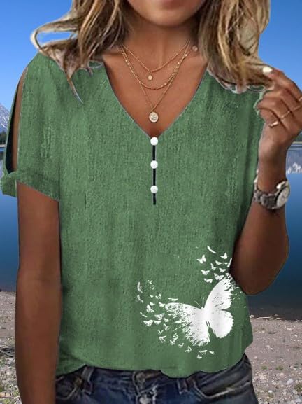 Women's Boho Butterfly Floral Print Cold Shoulder Flowy Tops Summer Dressy Casual V Neck Ladies Blouses Tunic Tops