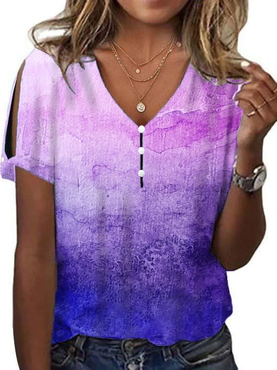 Women's Boho Butterfly Floral Print Cold Shoulder Flowy Tops Summer Dressy Casual V Neck Ladies Blouses Tunic Tops