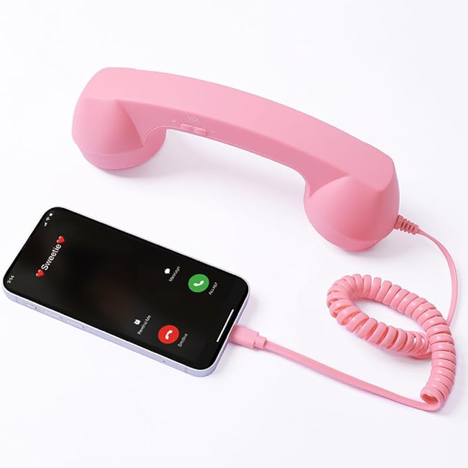 Retro Phone Handset, Hd Noise-Filtering Audio, Plug-and-Play Wired Calling, Ergonomic Nostalgic Grip, Clear Speaker & Mic, Compatible with Type-C Smartphones (Pink)