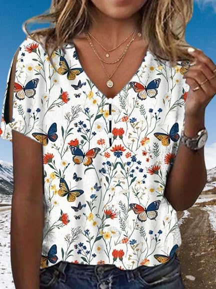 Women's Boho Butterfly Floral Print Cold Shoulder Flowy Tops Summer Dressy Casual V Neck Ladies Blouses Tunic Tops
