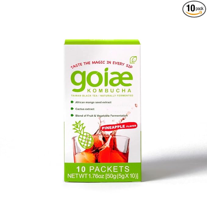 goiae Slimbucha,Pineapple Flavor 10 packets(Lemon • Apple)– Taiwanese High‑Altitude Tea • Rich in Postbiotics to Support Gut Flora • Patented Ingredients May Help Metabolism & Digestive Regularity • Only 18 Calories .Per Pack Packets,Net Wt. 1.76 oz(50g)