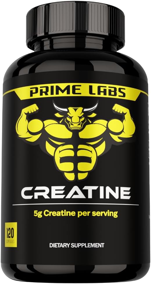 Prime Labs Creatine Monohydrate Capsules - 5g (5000mg) - Muscle Growth, Recovery, Brain Function - for Men & Women - 120 Count