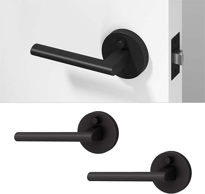 Okun Brio 2-Pack Matte Black Privacy Door Levers – Push Button Lock, Reversible, Sleek Concealed-Mount Design for Bedroom & Bathroom