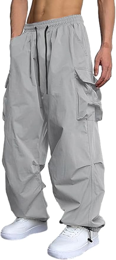 Men's Casual Cargo Pants Elastic Waist Drawstring Street Hip Hop Trousers with Pockets