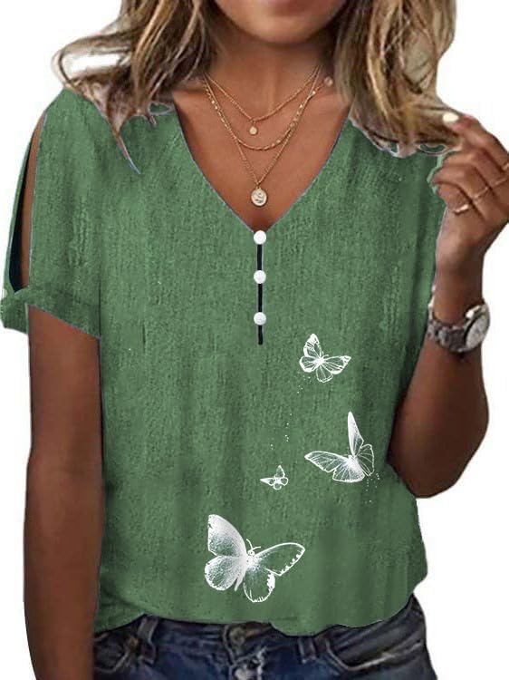 Women's Boho Butterfly Floral Print Cold Shoulder Flowy Tops Summer Dressy Casual V Neck Ladies Blouses Tunic Tops