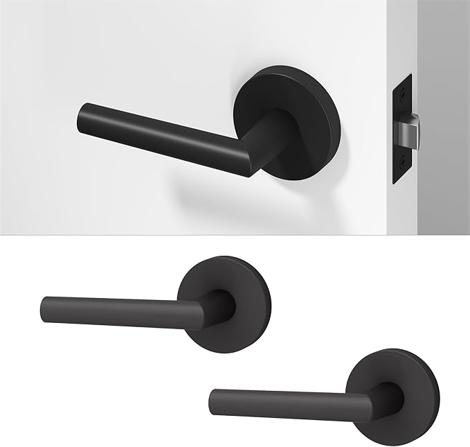 Okun Stark 2-Pack Matte Black Passage Door Levers – Reversible Non-Locking Interior Handles with Sleek Concealed-Mount Design for Hallways & Closets