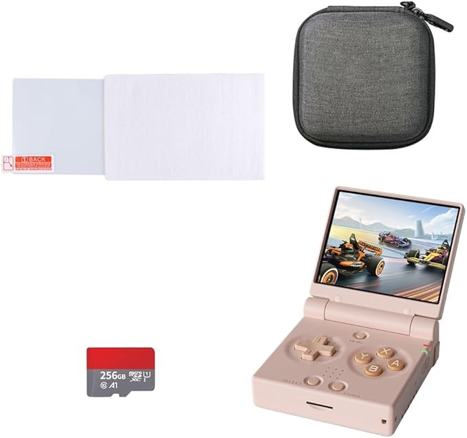 Miy Mini Flip 2.8-Inch IPS Screen Retro Handheld Game Console + Flip Onion SD Card 256G + Tempered Glass Screen Protector + Storage Bag