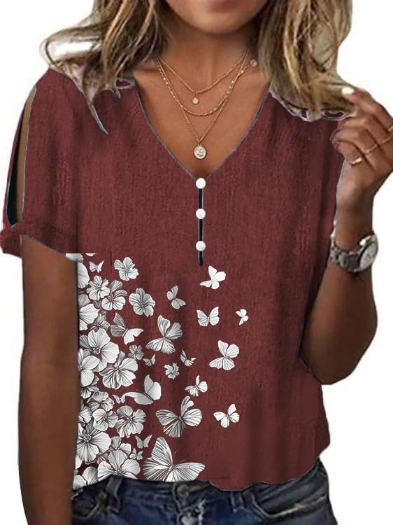 Women's Boho Butterfly Floral Print Cold Shoulder Flowy Tops Summer Dressy Casual V Neck Ladies Blouses Tunic Tops