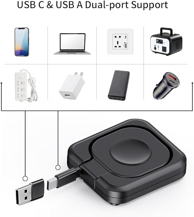 Portable Magnetic Charging Dockr for Apple Watch,Foldable Wireless Fast Charger Stand with 2.3 ft Retractable USB C Cable for Apple Watch Series10/9/8/7/6/5/4/3/2,Ultra/2/SE (Black)