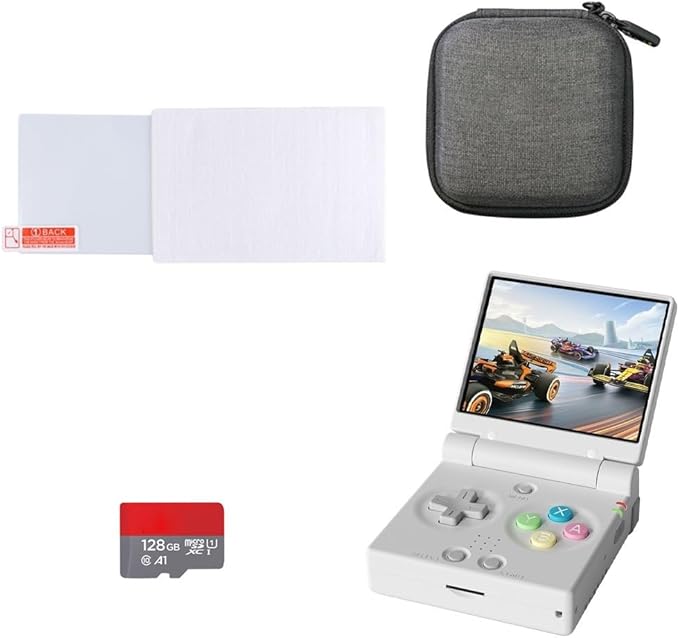 Miy Mini Flip 2.8-Inch IPS Screen Retro Handheld Game Console + Flip Onion SD Card 128G + Tempered Glass Screen Protector + Storage Bag