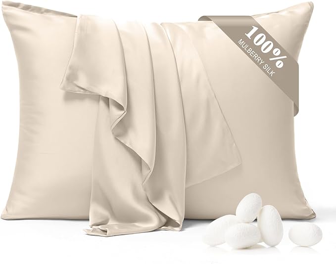 100% Pure Silk Pillowcase 2 Pack for Hair and Skin, Both Sides 23 Momme Grade 6A+ Mulberry Silk Pillowcases with Hidden Zipper, Soft&Smooth Cooling Pillow Cases (Buff Beige, Queen 20x30)