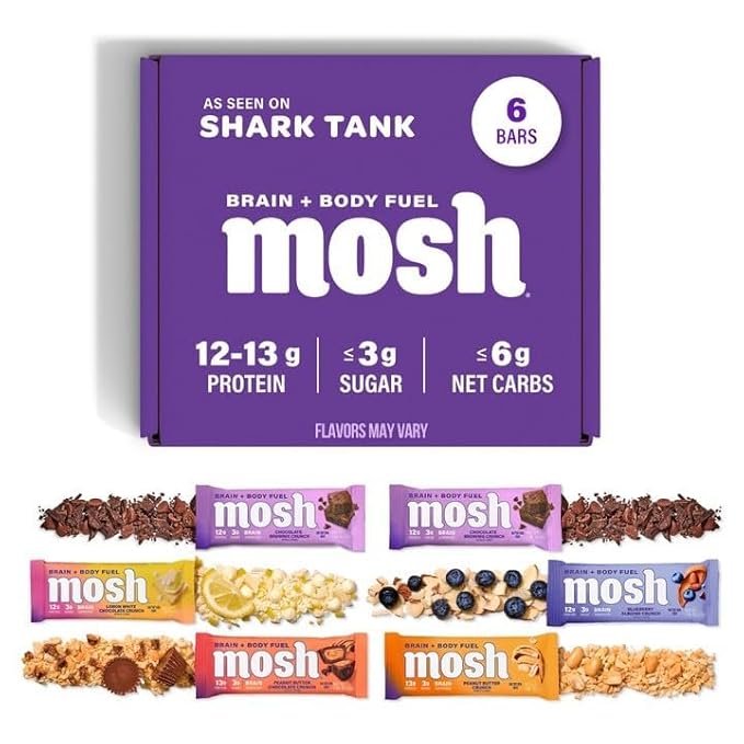 MOSH Variety Pack Keto Protein Bars, High Fiber, Low Carb, Gluten Free, High Protein, Brain Healthy Snack with Ashwagandha, Lion's Mane, 6 Count