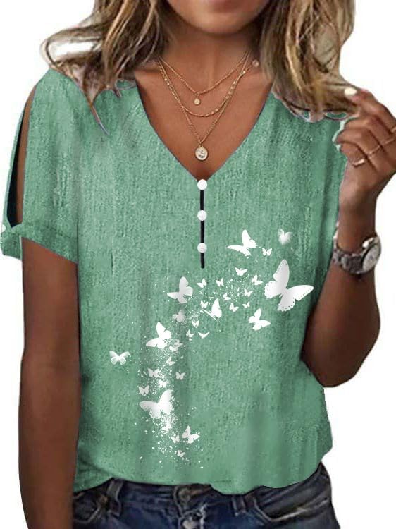 Women's Boho Butterfly Floral Print Cold Shoulder Flowy Tops Summer Dressy Casual V Neck Ladies Blouses Tunic Tops