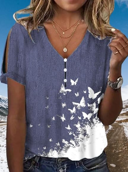 Women's Boho Butterfly Floral Print Cold Shoulder Flowy Tops Summer Dressy Casual V Neck Ladies Blouses Tunic Tops