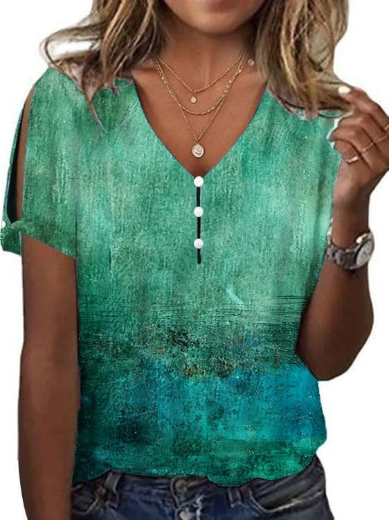 Women's Boho Butterfly Floral Print Cold Shoulder Flowy Tops Summer Dressy Casual V Neck Ladies Blouses Tunic Tops