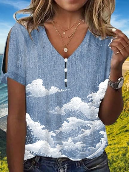 Women's Boho Butterfly Floral Print Cold Shoulder Flowy Tops Summer Dressy Casual V Neck Ladies Blouses Tunic Tops